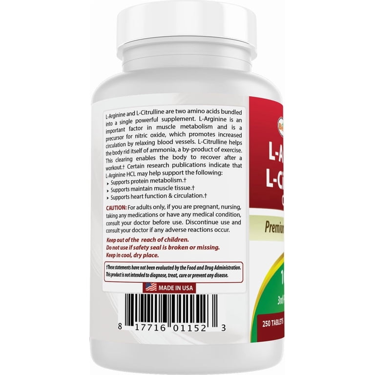 l carnitine and l arginine multivitamin Best Naturals L-Arginine L-Citrulline Complex 1000 mg 250 Tablets