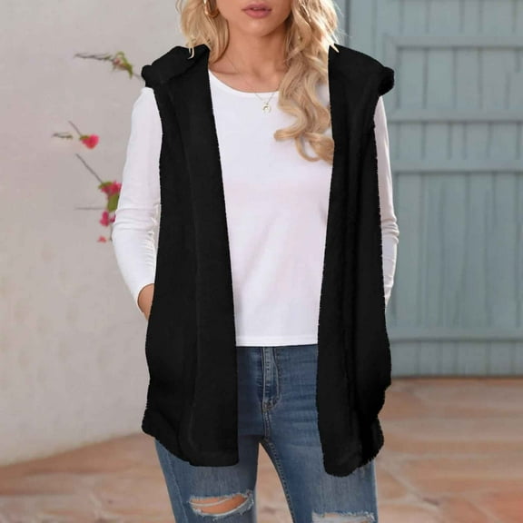 Zedker Womens Vests Outerwear Casual Hooded Sleeveless Fall and Winter Comfy Thermal Double Side Fleece Jackets with Pockets,Black,L