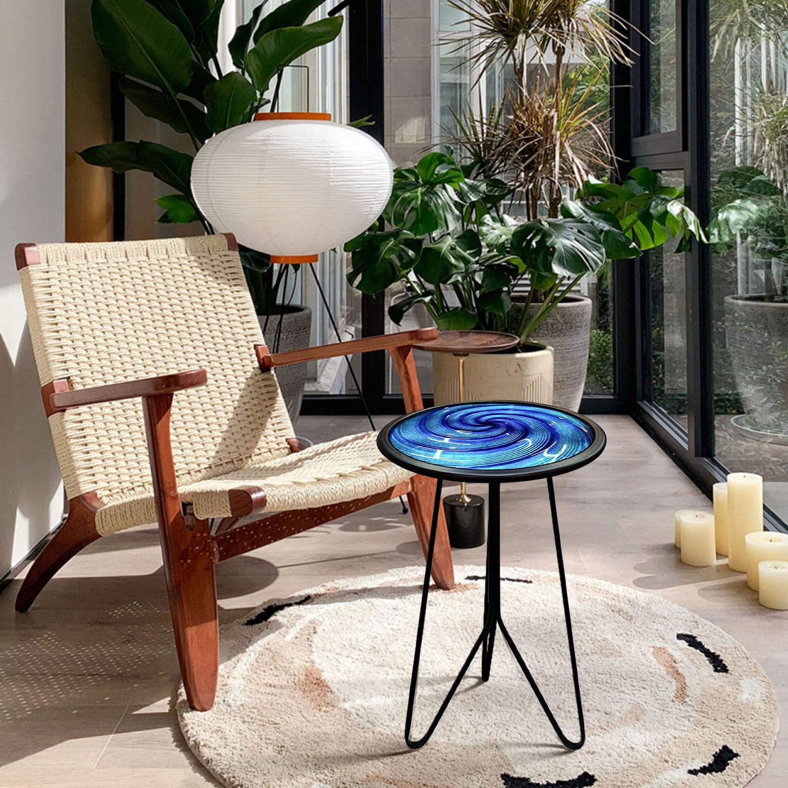 Liffy Blue Glass Side Table- 20 inch Height Vortex Metal End Table ,Plant Stand for Home