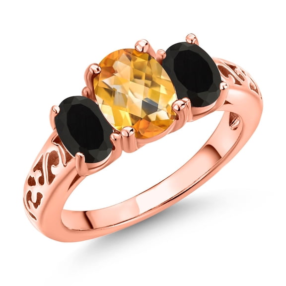 Gem Stone King 18K Rose Gold Plated Silver Yellow Citrine and Black Onyx Filigree Style 3 Stone Ring for Women (2.05 Cttw, Oval 8X6MM and 6X4MM) (Size 9)