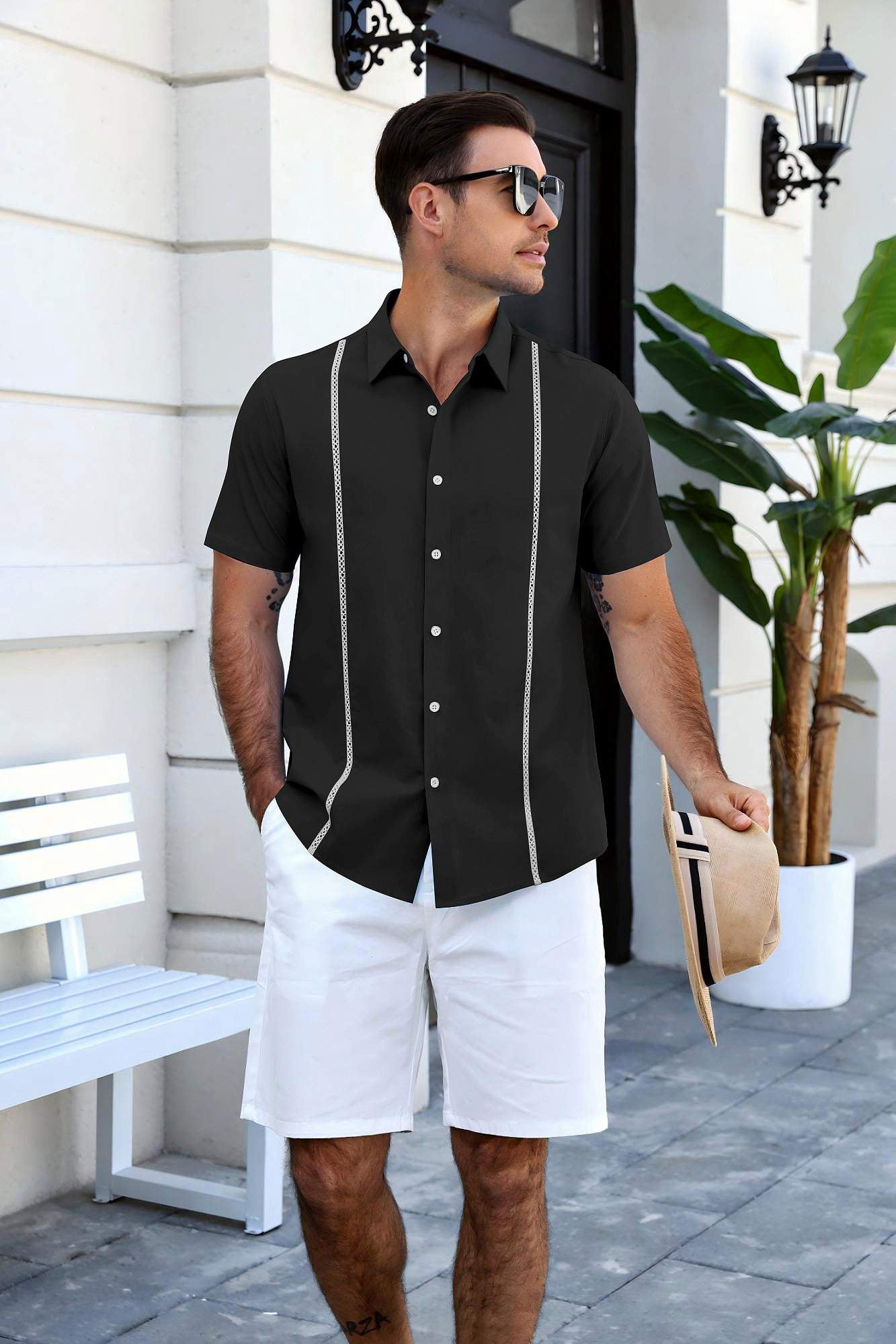 COOFANDY Men's Relaxed Fit Button-Up short Shirt with Decorative Stripes - Casual and Office Wear