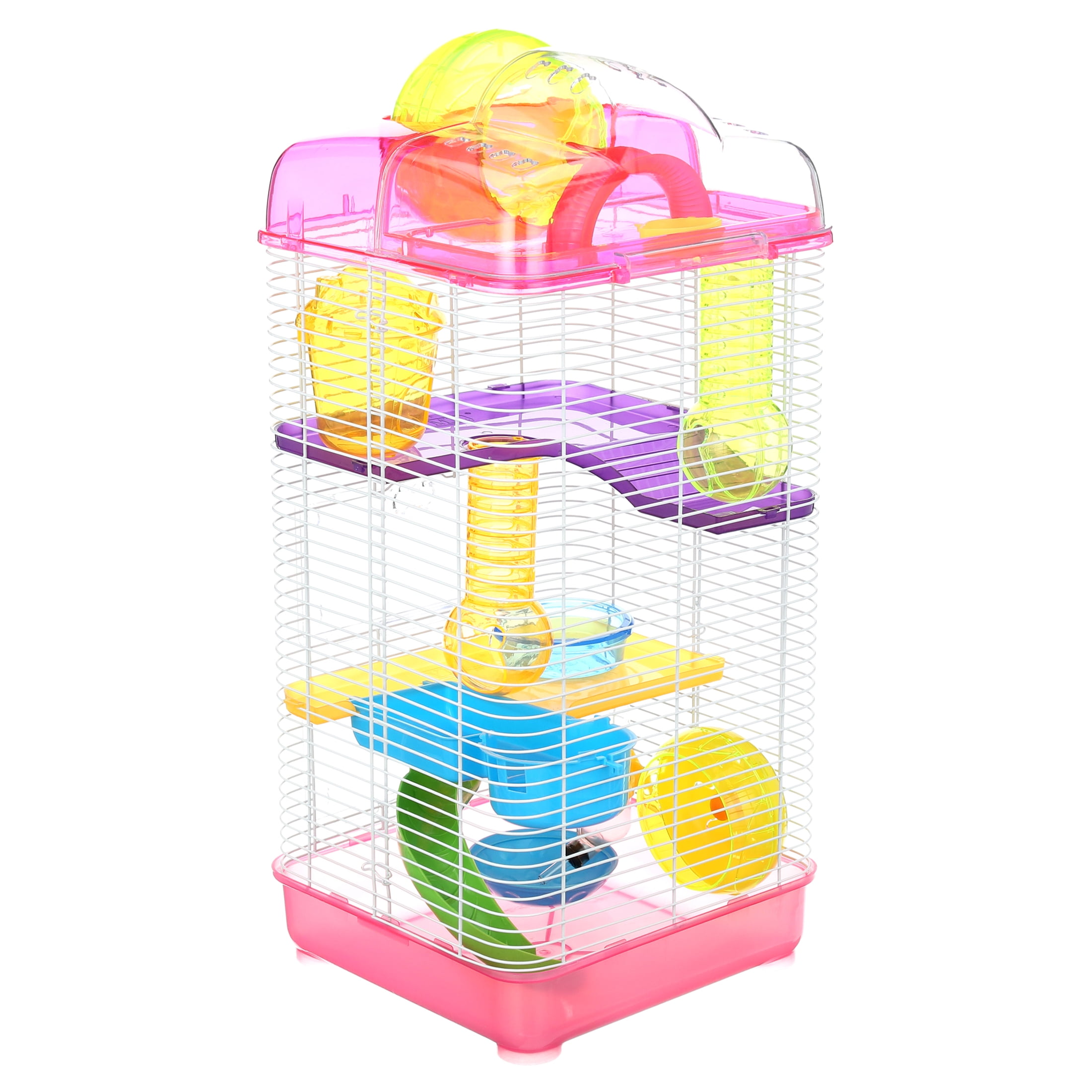 YML 3-Level Clear Plastic Dwarf Hamster Mice Cage with Ball on Top, Pink