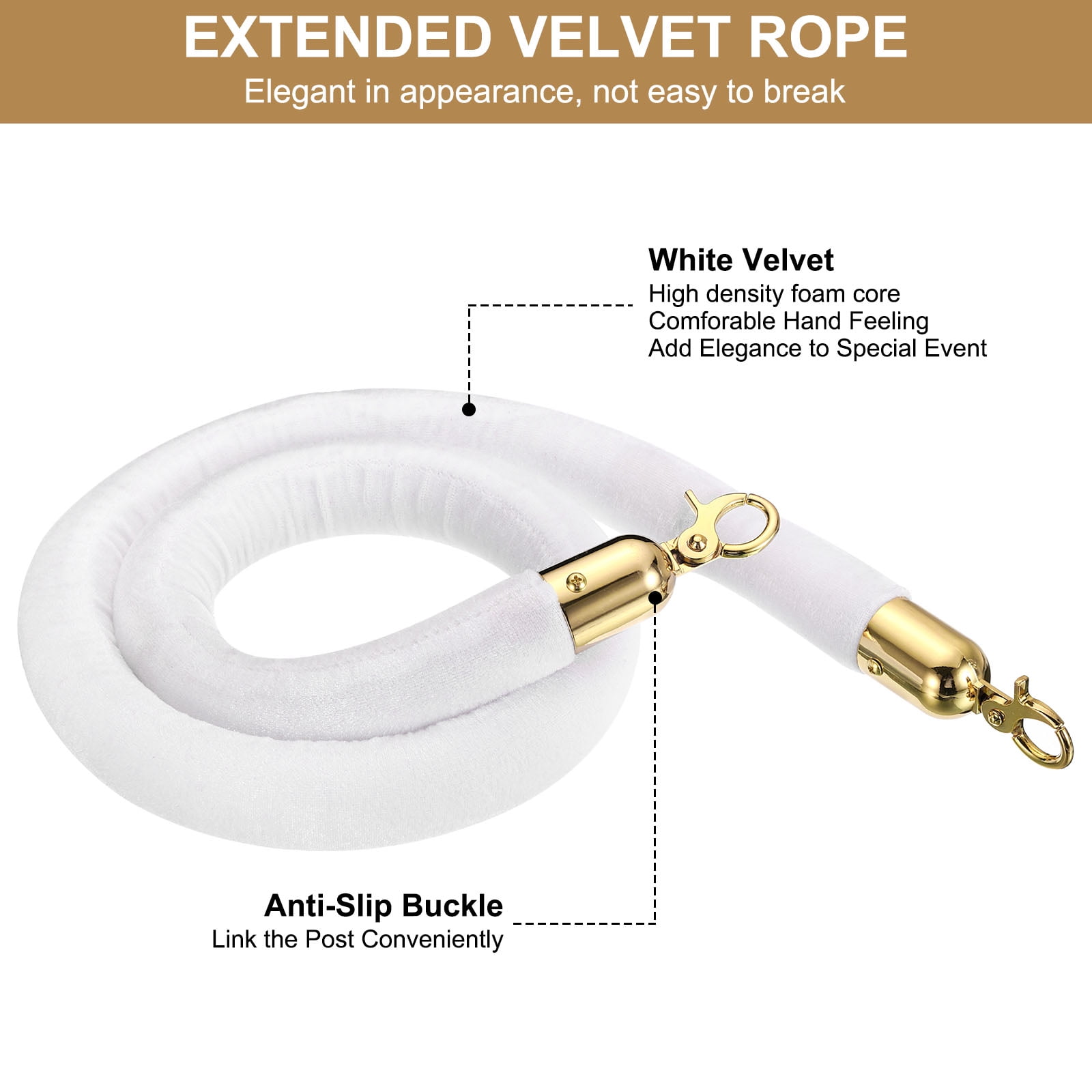 Unique Bargains 4 Feet White Velvet Stanchion Rope 2 Pack Crowd Control Barrier Rope
