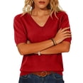 thumbnail image 5 of WULMLEO Womens Short Sleeve Sweater Summer V Neck Tops Casual Knit Shirts Lightweight Pullover Top Red L, 5 of 5