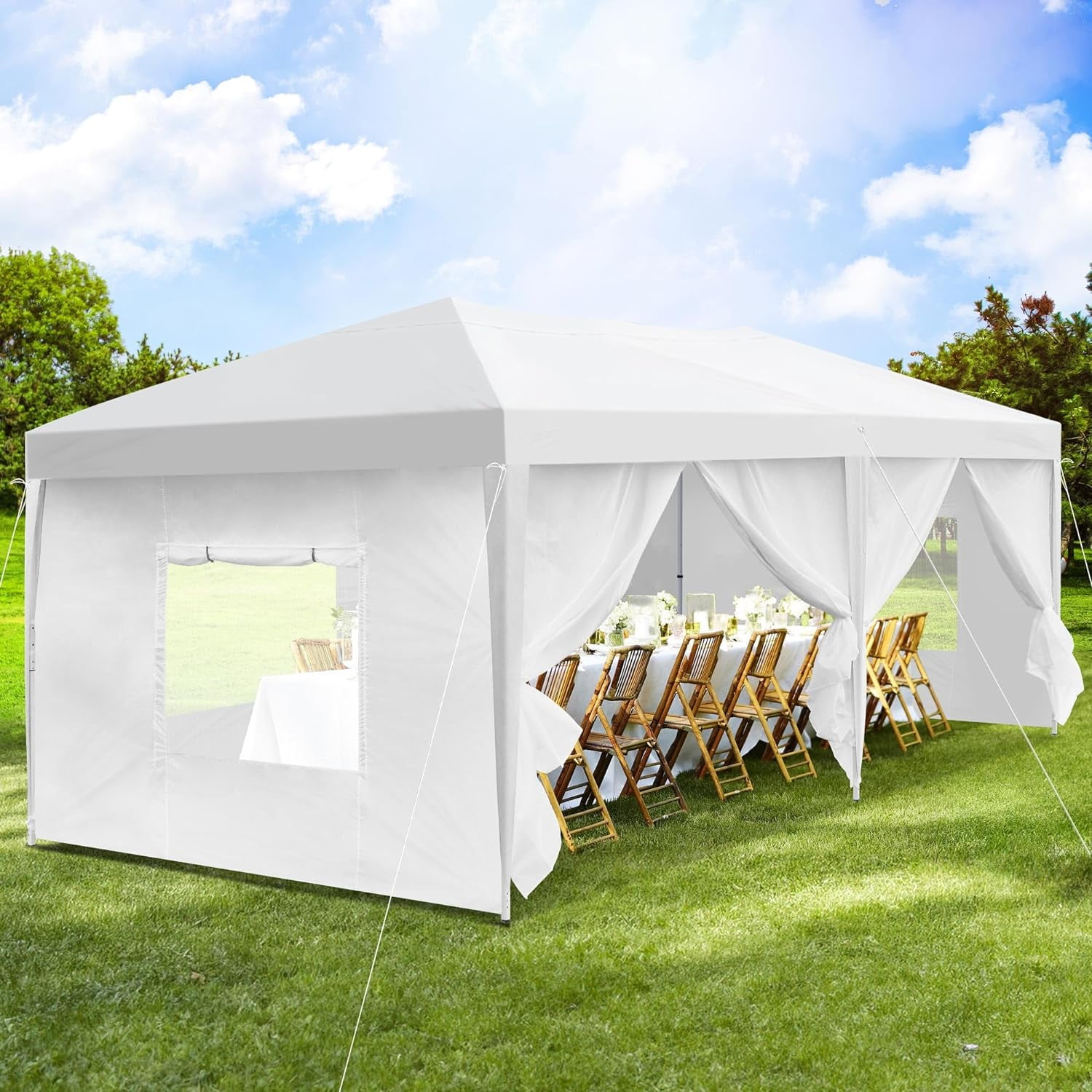 Uforic 10 ft x 20 ft Easy Pop Up Outdoor Patio Canopy Tent 6 Removable Sidewalls,4 Mesh Windows,6 Ropes,12 Stakes and 1 Carry Bag - White