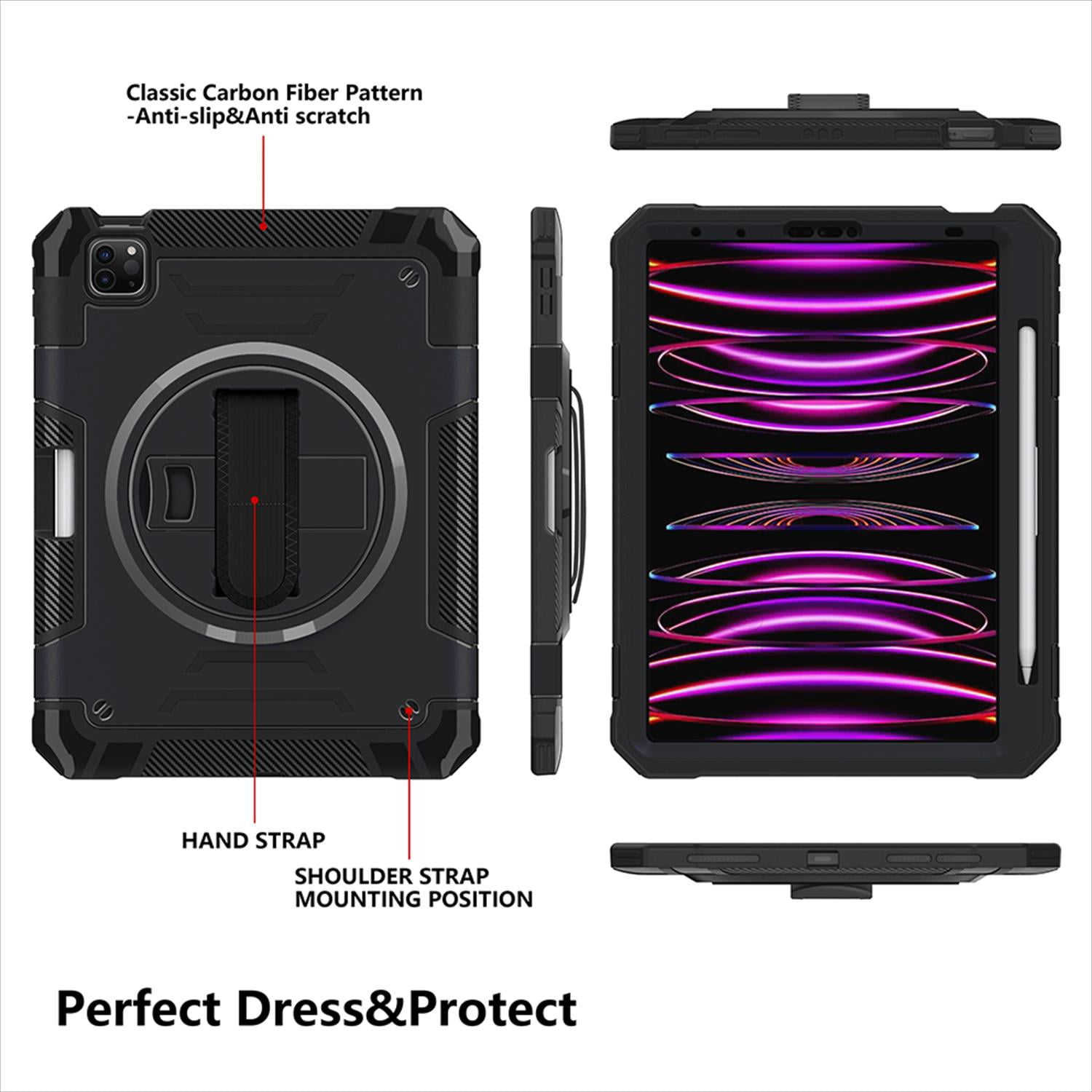 Shockproof Case for Apple iPad Pro 11 Inch 2024 M4, with Pencil Holder Military Grade Protection Rotating Stand Hand Strap Shoulder Strap Bumper Rugged Case for iPad Pro 11" 2024, Black