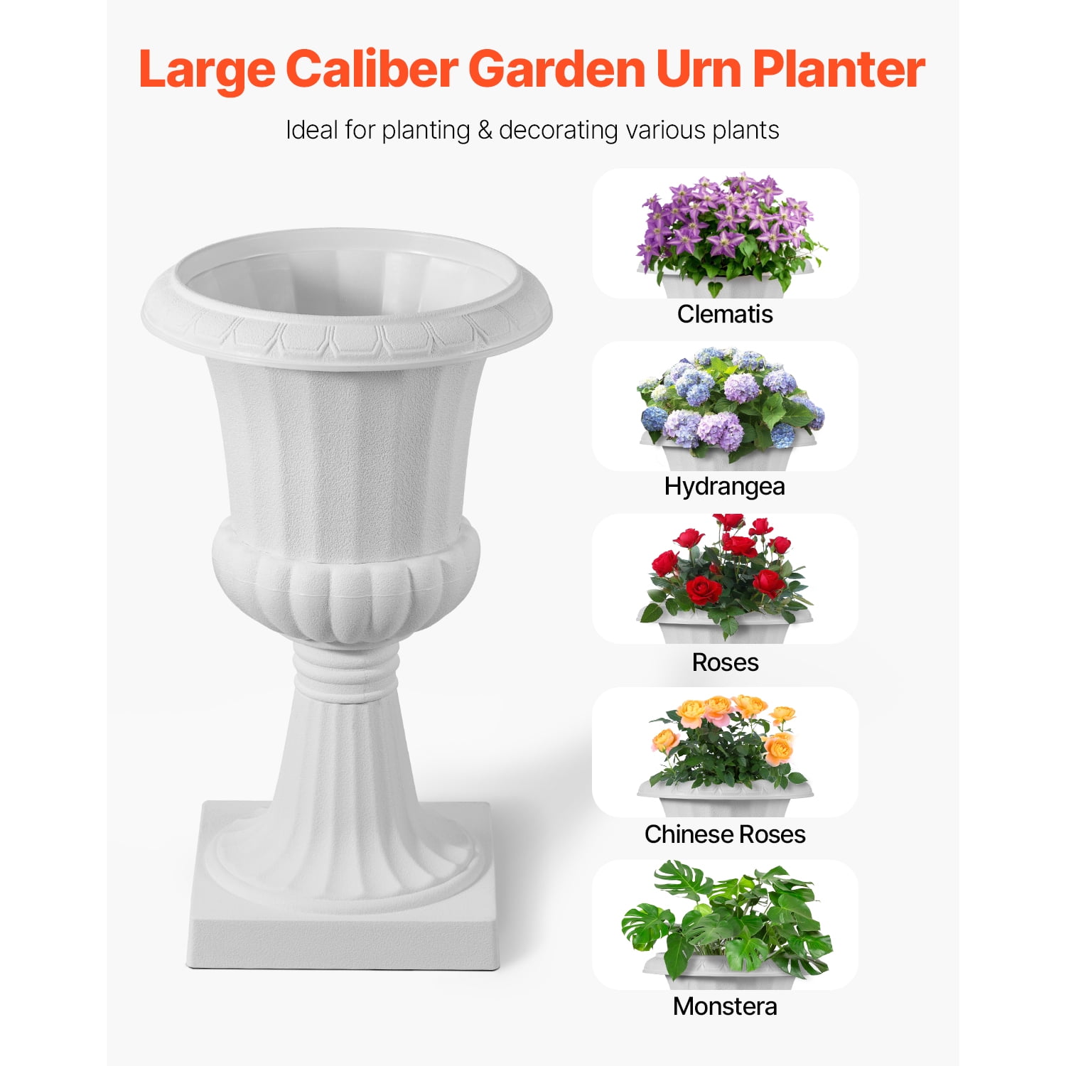 KFFKFF Plastic Urn Planters, 9.8 x 16.5 Inch, Set of 2 White Decorative Flower Pots for Indoor & Outdoor Use, Ideal for Weddings, Events, Home, Garden, Balcony, Patio, and Stage Decorations
