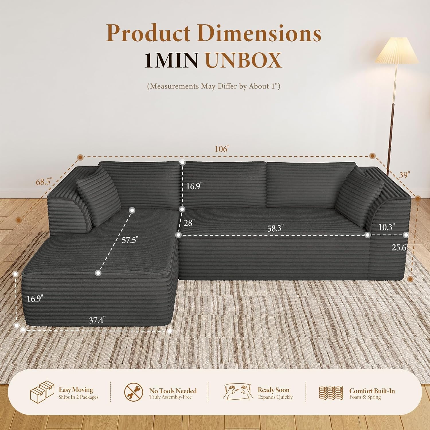 Neche 106" Boneless Couch with Chaise, Deep Seat Comfy Cloud Modular Sofa Corduroy Memory Foam Sectional Couches for Living Room Bedroom, No Assembly Required (Grey, Left-Facing Chaise)