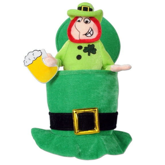 Beistle Pack of 6 Green Plush Top Hat with Leprechaun and Beer - Adult Sized