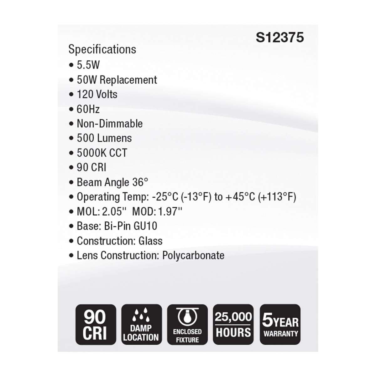 Satco S12375 MR16 LED Flood Light Bulbs 120V 5.5W 5000K GU10 Base Dimmable (12 Pack)