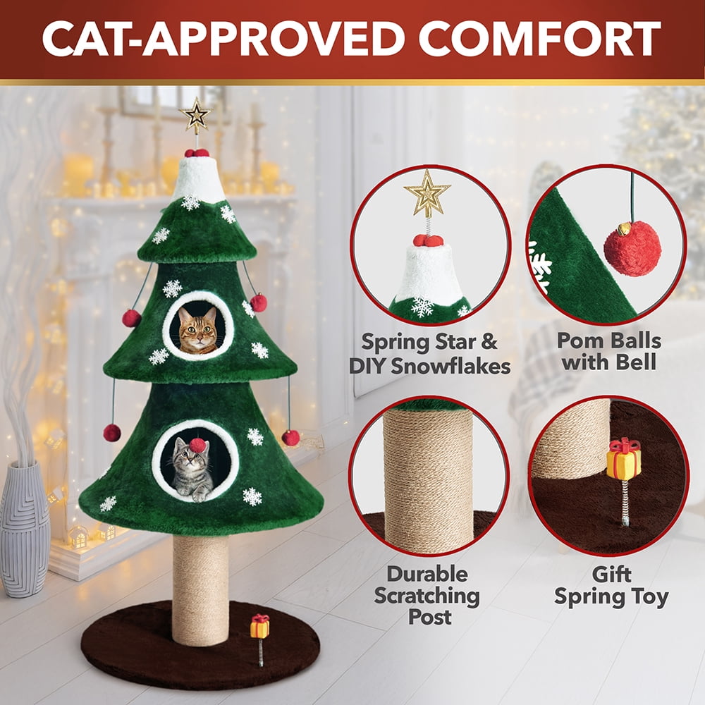 Stephan Roberts 52"  H Alpine Christmas Cat Tree Tower with Scratching Post, Cat Condo & Hanging Toys, Green