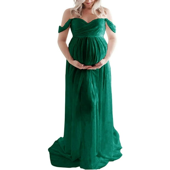 Maternity Long Dress Off Shoulder Elegant Stylish Loose Hem Pregnant Woman Dress for Bridal Shop Shooting Dark Green XL