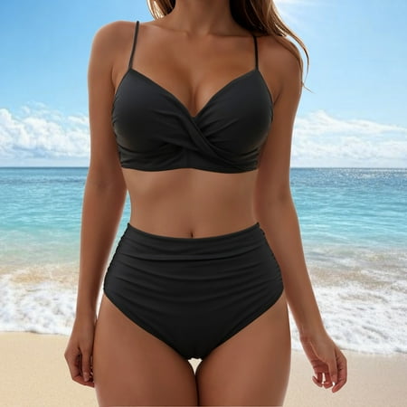 High Waisted Bikini for Women Sexy Push Up Retro Ruched Two-Piece Swimsuit with Adjustable Straps & Built-In Bra  Black XXL