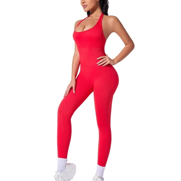 Riecok Backless Bodysuits for Women Stretchy Sleeveless Jumpsuits Solid Butt Liftings Workout Yoga Shapewear