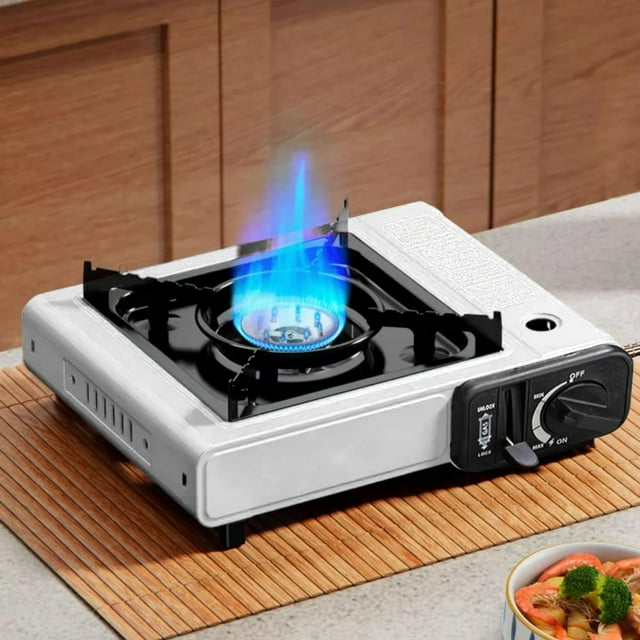 YOPTOP Réchaud Portatif au Butane Réchaud à Gaz Simple Essentiel pour le Camping et la Randonnée Haute Performance Double Pare-Vent Alliage d'Aluminium et Sécuritaire, Blanc, asshown