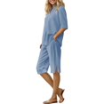 thumbnail image 5 of Two Piece Sets for Women Summer Casual Linen Button V-Neck Short Sleeve Shirts Soft Comfy Elastic Waist Bermuda Shorts Vacation Travel Outfit Sets Matching Clothing, 5 of 9