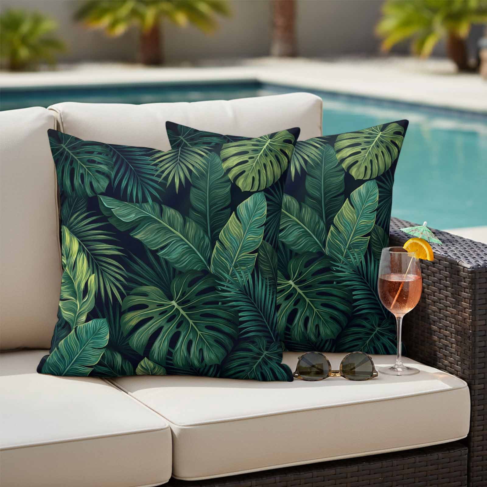 Tropical Plants Outdoor Waterproof Throw Pillow Covers 20x20 Set of 2, Summer Watercolor Green Palm Leaves Decorative Pillowcases Cushion Pillowcase for Couch Sofa Patio Outside Pillow Protector