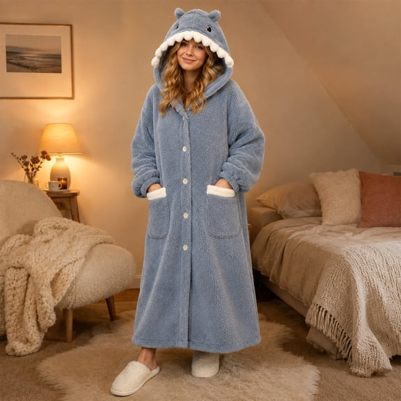 LangJing Womens Long Hooded Robe Fleece Plush Bathrobe Soft Warm Nightgown Spa Shower Bath Robes Housecoat Blue,M