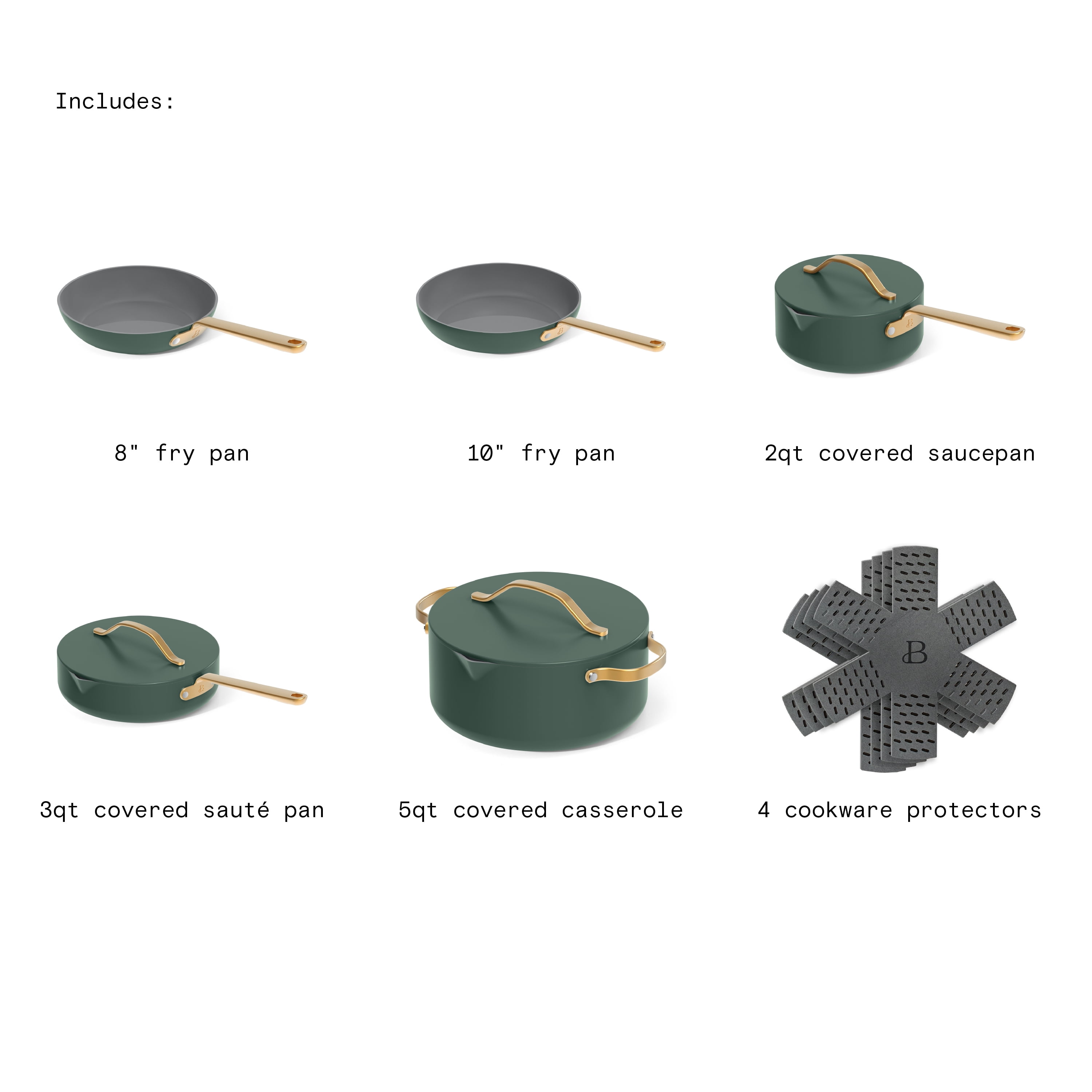 Beautiful by Drew Barrymore 12-Piece Cookware Set with Strainer Lids and EverGood Ceramic Nonstick Coating, Thyme Green
