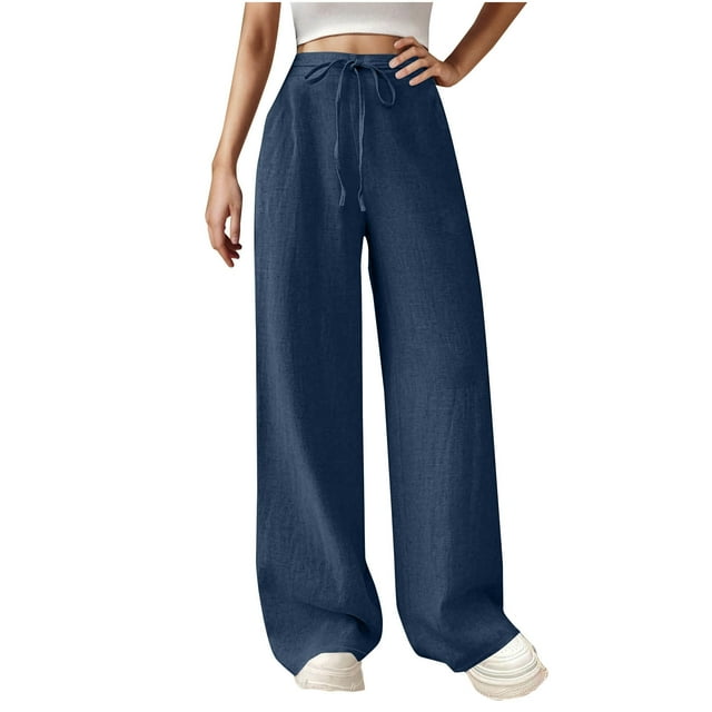 Timegard Pants for Women Wide Leg Drawstring High Waist Lightweight Casual Loose Trousers Solid Color