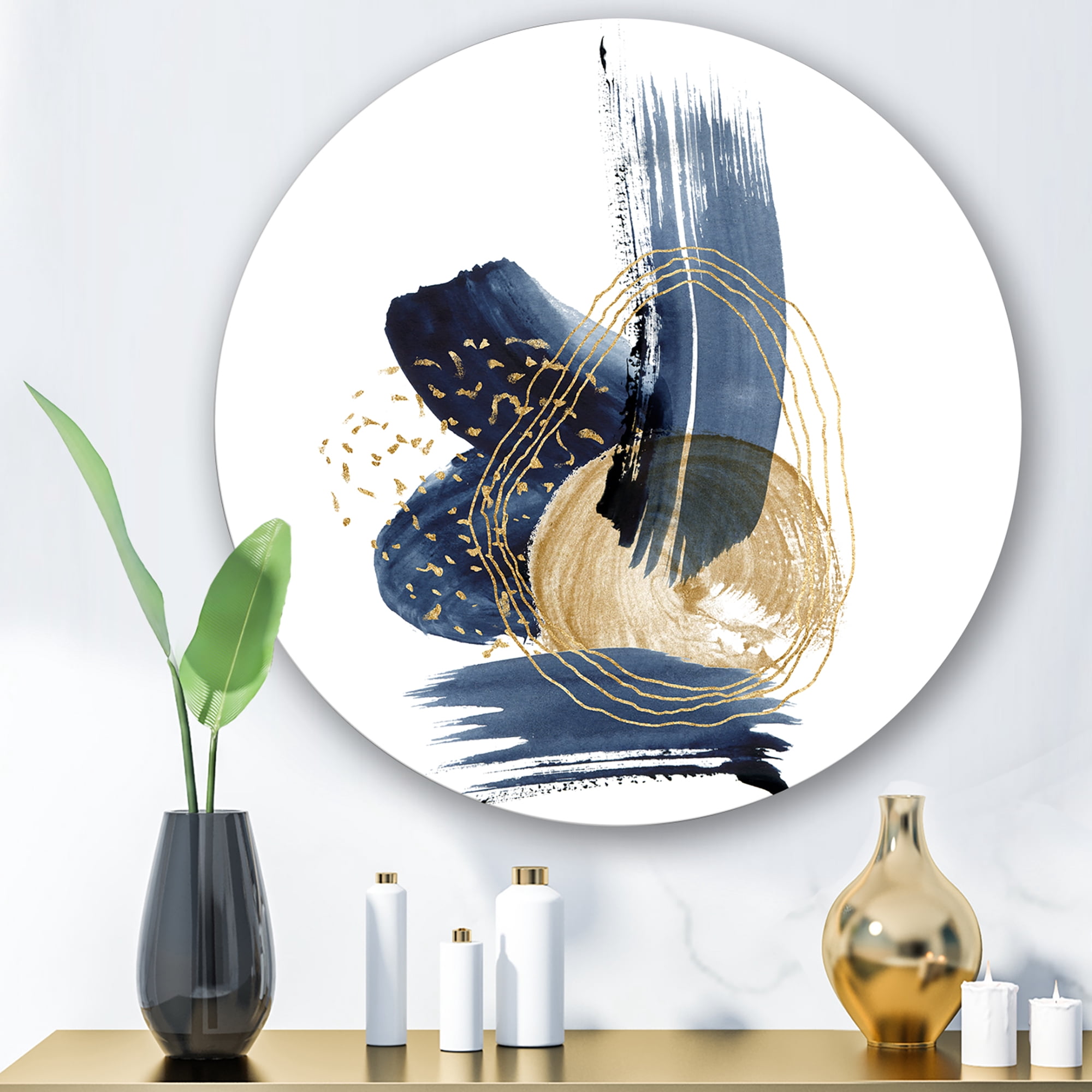 Designart 'Gold Strokes and Landscape of Dark Blue Mountains II' Modern Circle Metal Wall Art 23x23 - Disc of 23