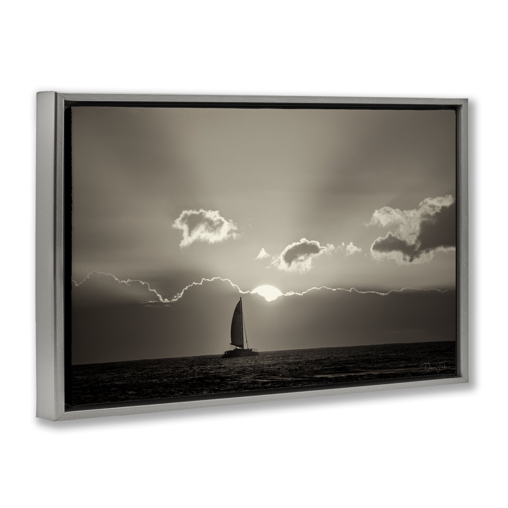 Stupell Industries Sun Peeking Over Boat Landscape & Nature Photography Gray Floater Framed Canvas Art Print Wall Art, 31 x 21