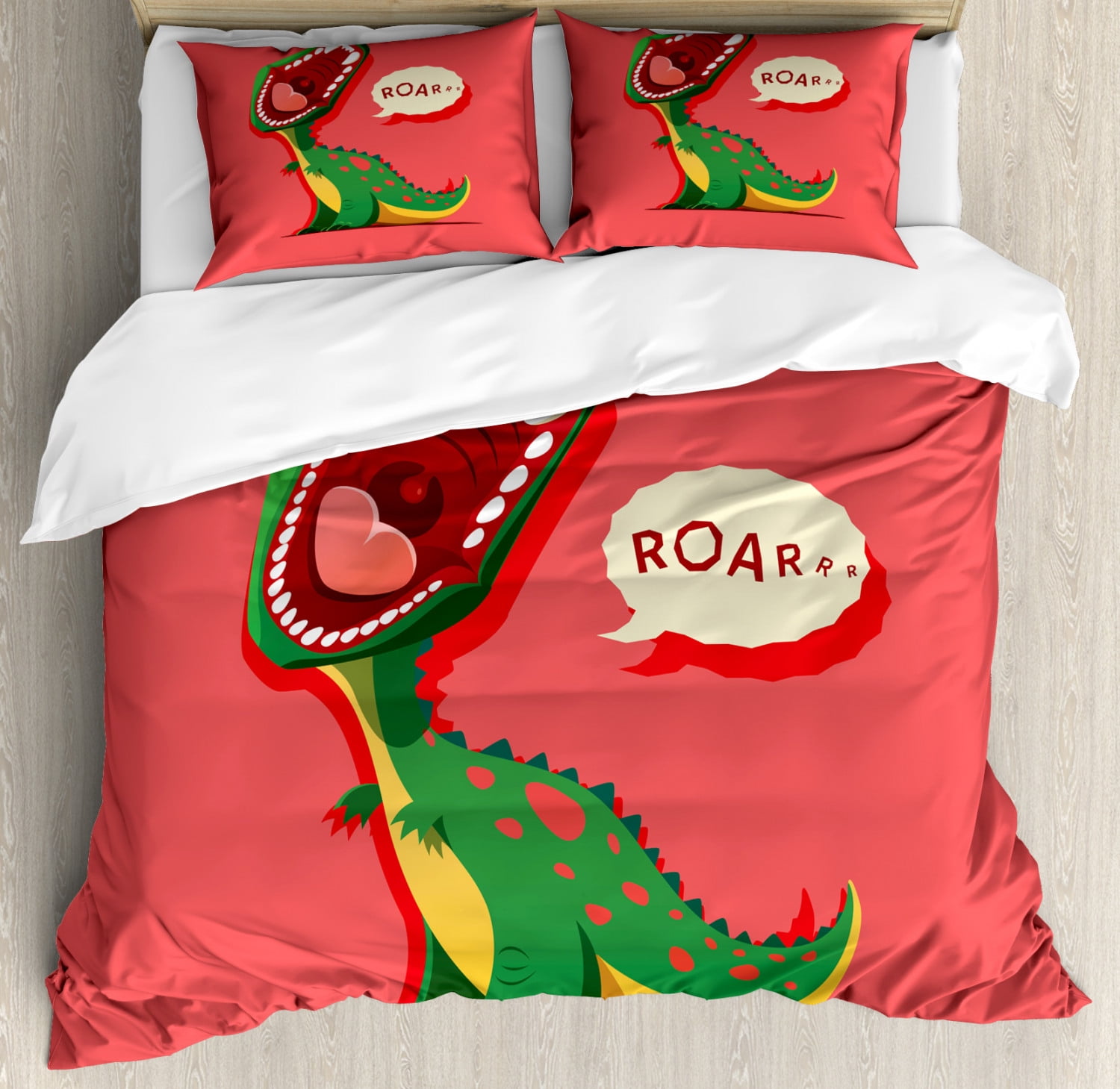 Dinosaur Queen Size Duvet Cover Set Aggressive Prehistoric Cartoon