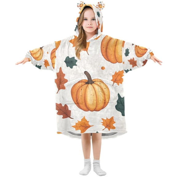FORMRS Wearable Blanket Hoodie with Sleeves for Kids Cozy Flannel Sweatshirt, Pumpkins Pattern
