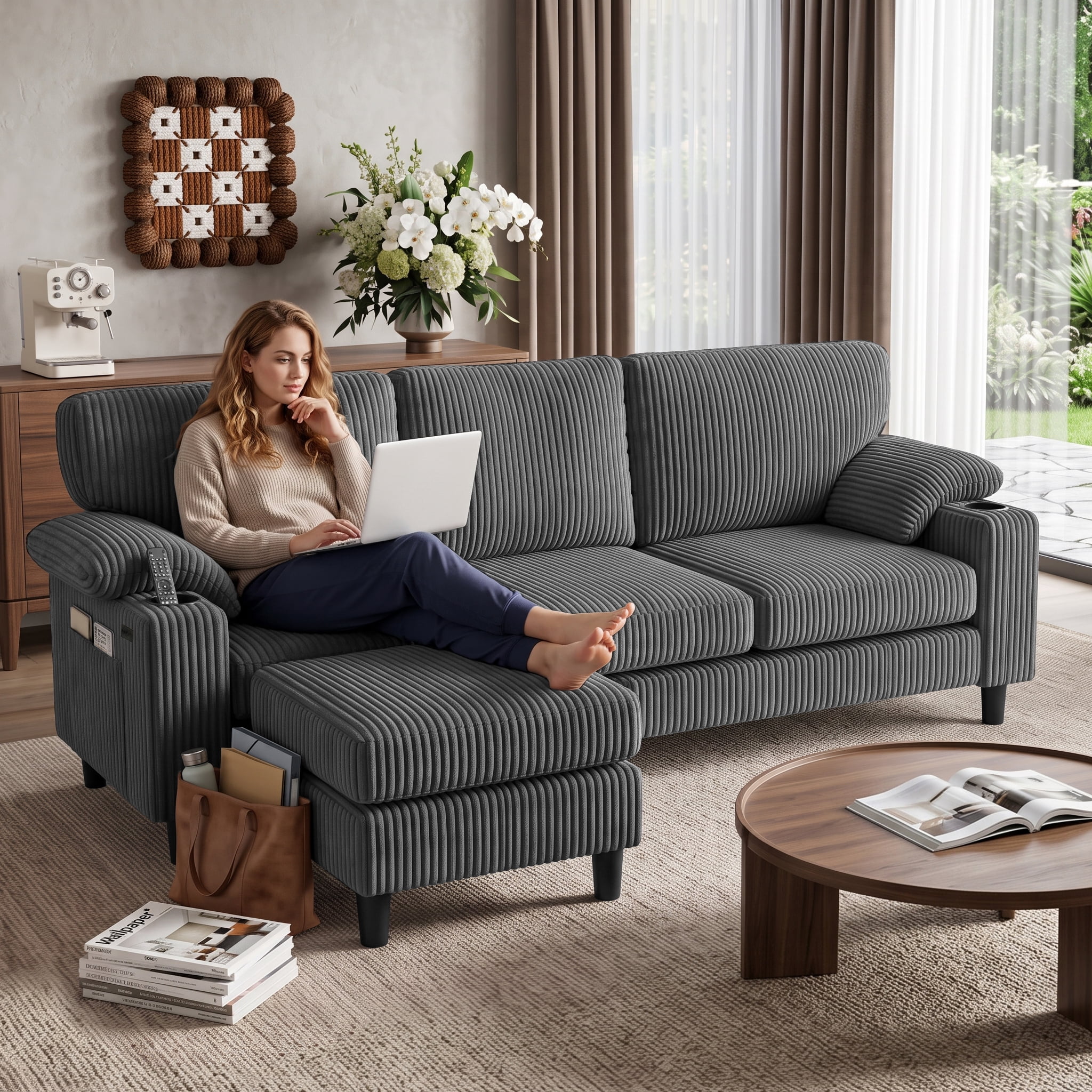 Anpport 80" L‑Shaped Corduroy Sectional Sofa, 3‑Seater Couch with Storage Ottoman, USB Port & Cup Holders for Small Spaces, Dark Gray