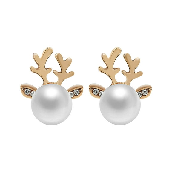 Christmas Pearl Deer Antler Earrings Holiday Studs 2X1.8cm Women's Festive Jewelry
