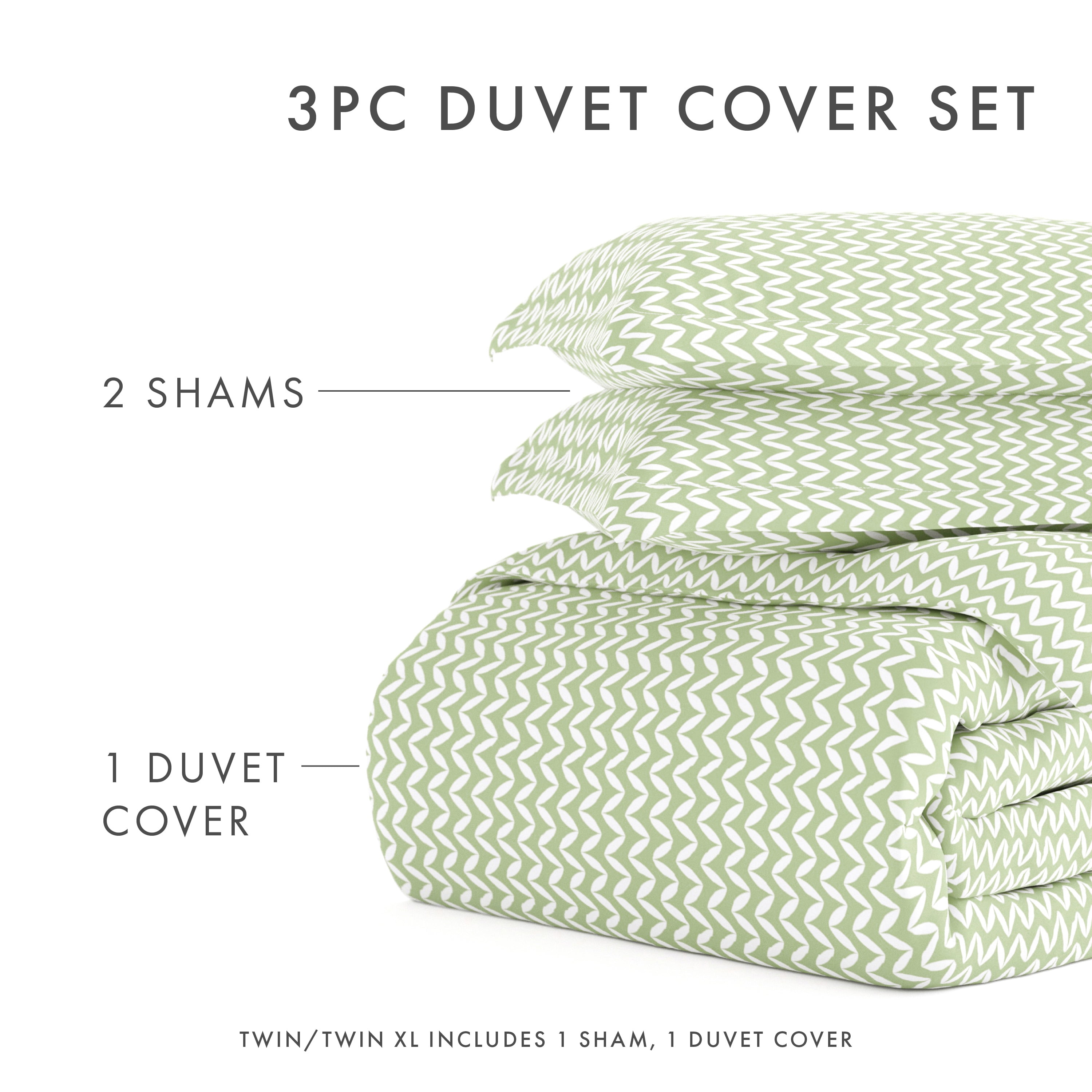Noble Linens Sage Puffed Chevron Print Duvet Set 3-Piece Duvet Cover Set, King/Cal King