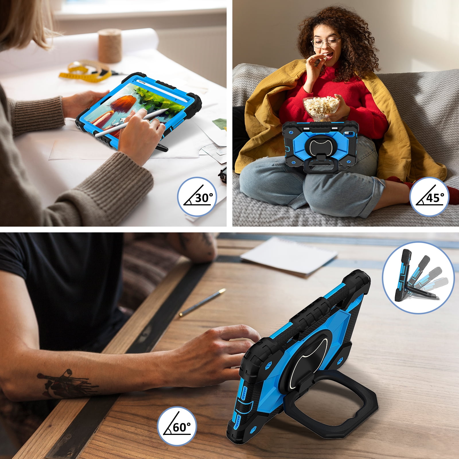 TECH CIRCLE for Apple iPad Air 13-inch (M2) Back Cover Case 2024 Release, Kids Portable Shockproof Case with Pencil Holder and Rotate Kickstand/Handle, Adjustable Shoulder Strap Included, Black Blue