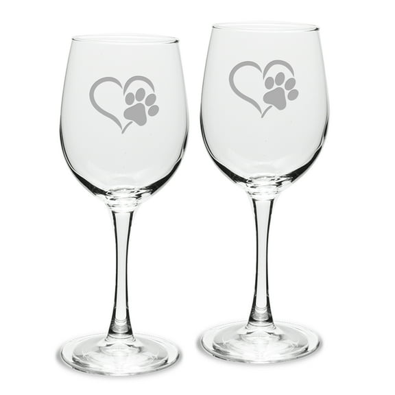 Paw Print Heart Deep Etched White Wine Glass Set of 2