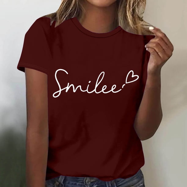 Fiudx Tops para Mujer Top/Camisa de Manga Corta con Cuello Redondo y Estampado de Letras para Mujer