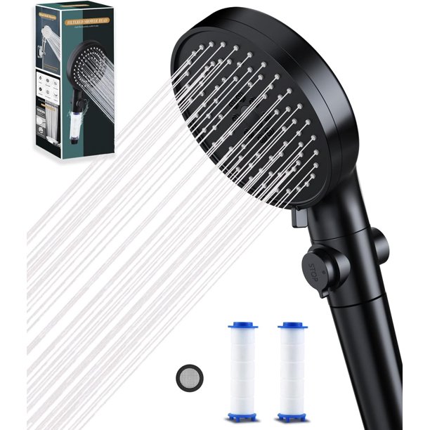 Mejore su experiencia de ducha, elegante diseño, rociador de mano de alta presión que ahorra agua, instalación sin herramientas y protección de doble filtración para piel y cabello secos (negro)