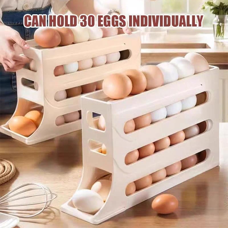 4 Tiers Egg Holder for Fridge,Egg Dispenser for Refrigerator,4 Tier Rolling Egg Holder Dispenser,30 Eggs Fridge Egg Rack Large Capacity Egg Dispenser for Refrigerator (Yellow*2)