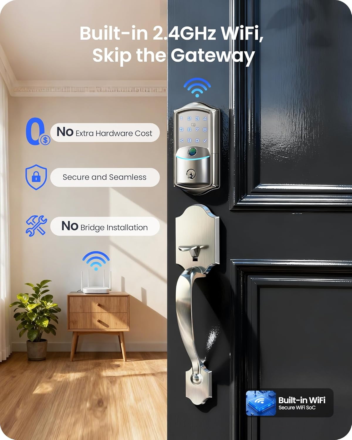 Veise Wifi Fingerprint Smart Deadbolt Lock with Handle Set, Keyless Entry Front Door, Auto-Lock, Satin Nickel