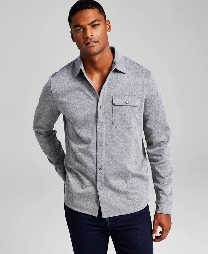 And Now This LIGHT GREY Men's Solid LongSleeve ButtonUp Knit Shirt