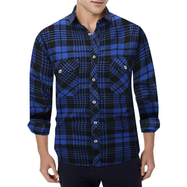 Camisas Para Hombre Manga Larga Camisa Formal de solapa de manga larga transpirable ligera con estampado cuadrado a la moda informal para hombre (Blue, XXL)