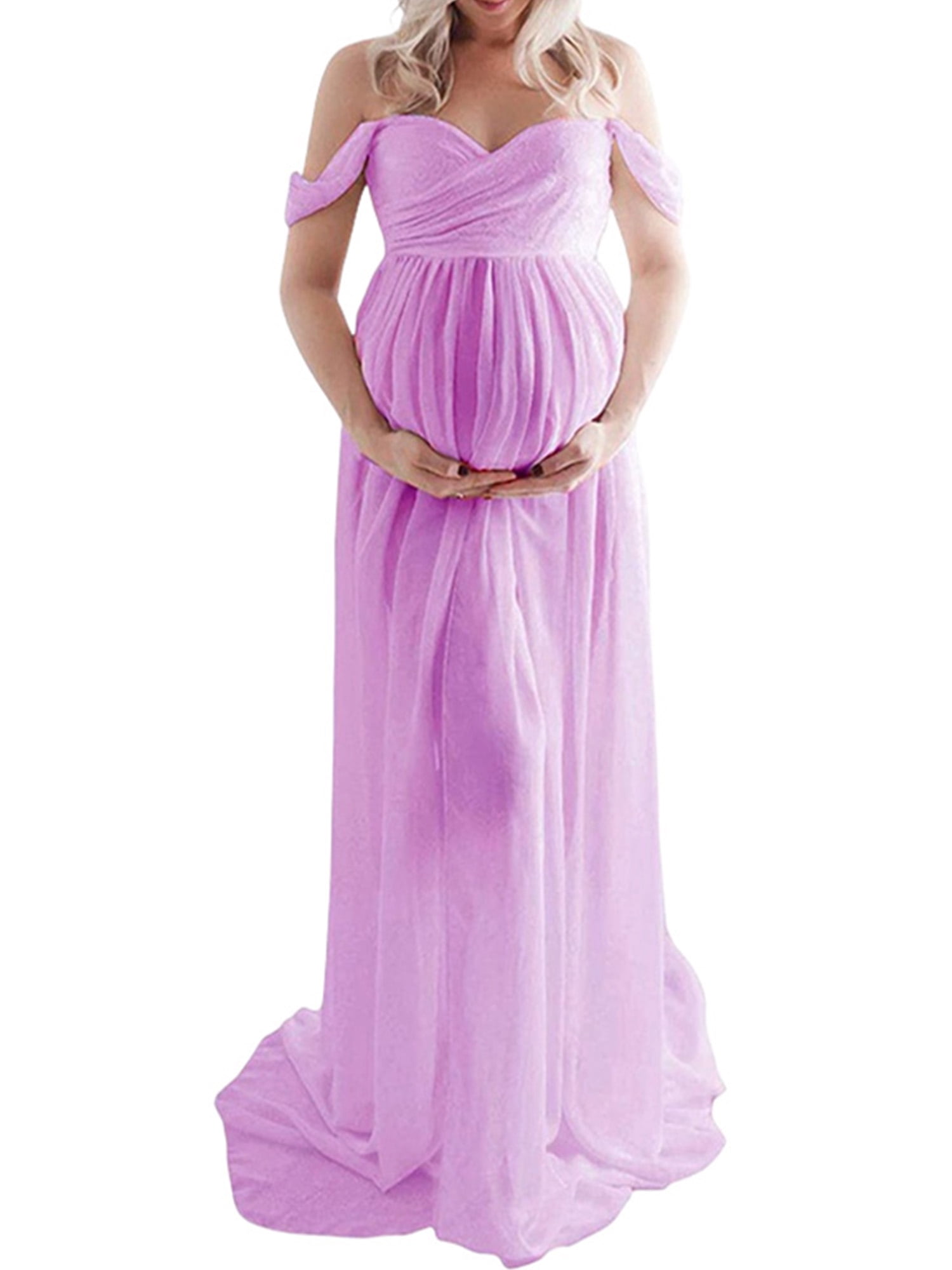 Maternity Chiffon Off Shoulder Gown Front Split Maxi Photoshoot Photography Dress