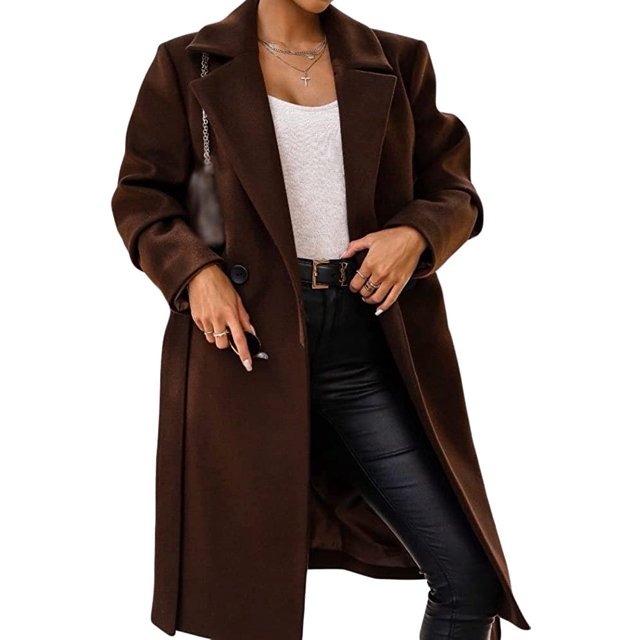 LinYooLi Women's Notch Lapel Wrap Coat Winter Casual Wool Blend Overcoat Mid-Length Coat with Blet
