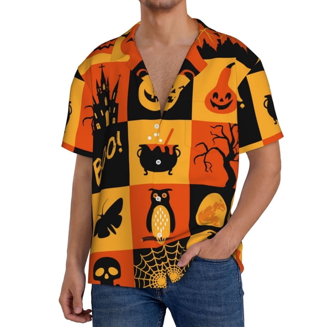 Balery Halloween Banner Symbols Camisa Casual de Manga Corta con Botones para Hombre, Texturizada, Estilo Cubano, para Playa, Verano-Medium