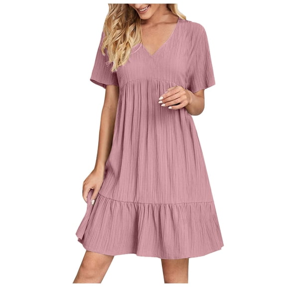 QUNYINEY A Line Women's Dresses Pink Summer Short Sleeve Midi Dresses V-Neck Pleated Flowy Loose Fit Dresses
