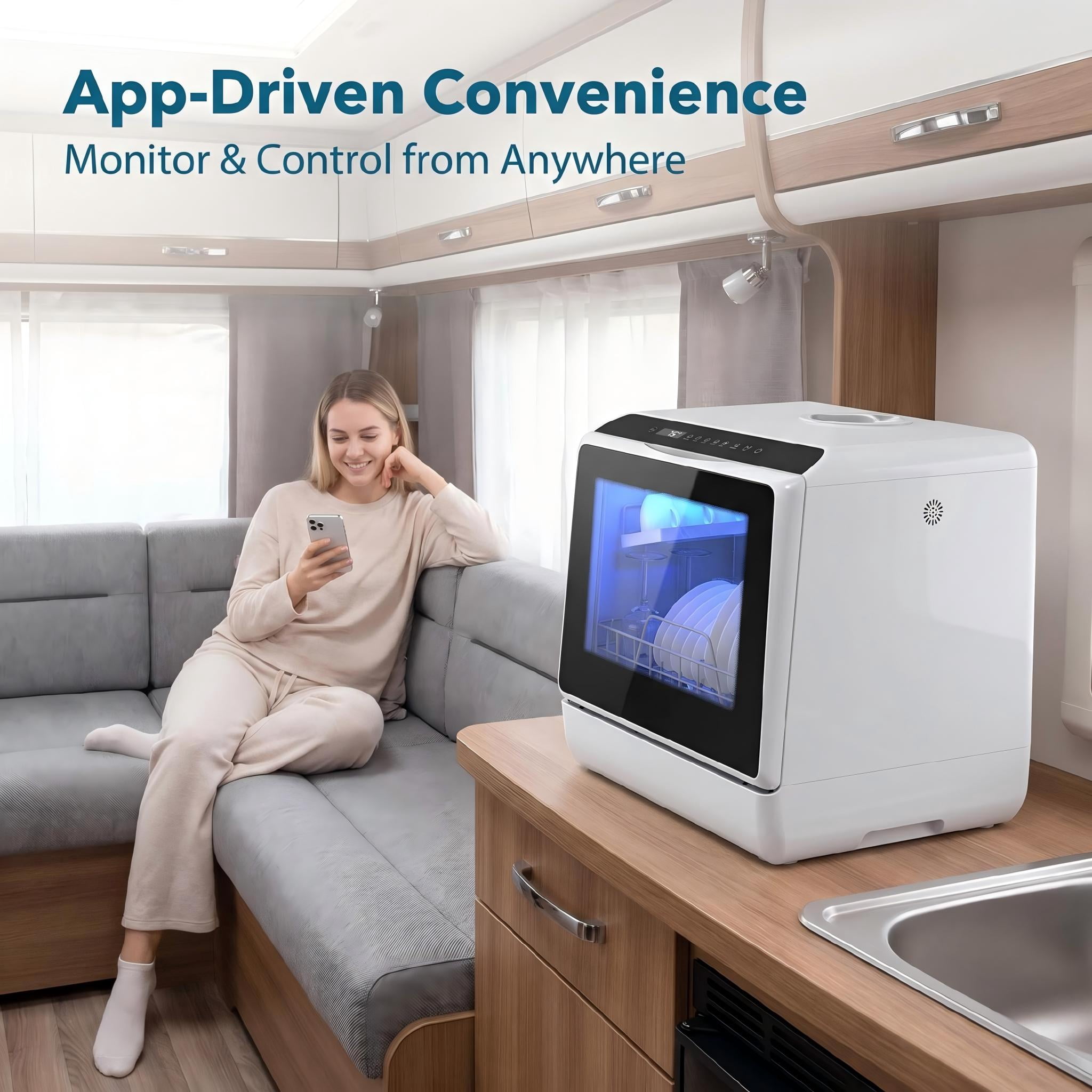 FUNGQI WIFI Smart Portable Countertop Dishwasher with 5L Built-in Water Tank, 4-6 Place Settings Compact Tabletop Washer, 360° Dual Spray, App & Touch Control, 167°F High-Temp Drying
