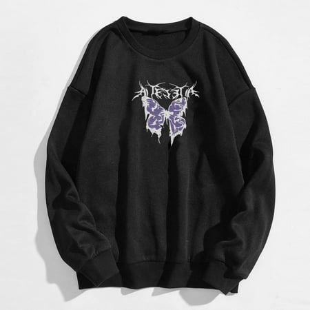 

Alueeu 2022 Womens Summer Tops Casual Round Neck Long Sleeve Loose Butterflies Print Black M