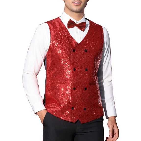 INSPIRE CHIC Men's Vest V-Neck Slim Fit Double-Breasted Party Disco Prom Nightclub Sequin Vest L Red