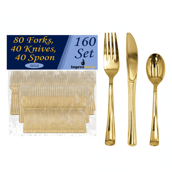 Impresserve Gold Disposable Plastic Cutlery Set, 80 Forks 40 Spoons 40 Knives, Durable Party and Event Tableware, 160 Piece Set