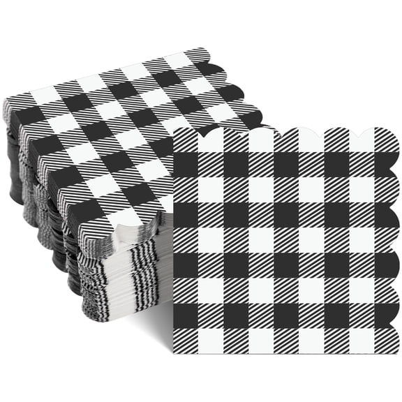 140 Pcs White and Black Gingham Napkins, Disposable Sage Green Napkin Scalloped Green Baby Shower Cocktail Napkins Paper Plaid Napkin for Picnic, Wedding, Baby & Bridal Shower,5 x 5 Inches