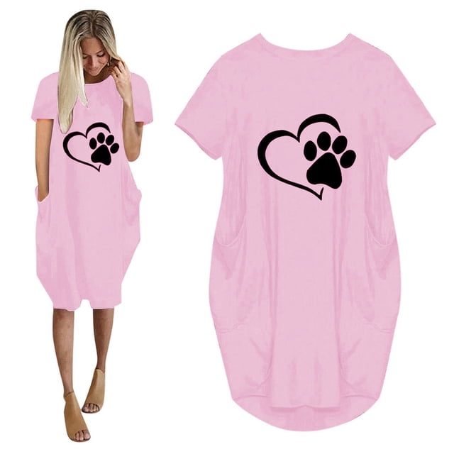 Meichang Robes d'Été pour Femmes Grande Taille Col Rond Manches Courtes Longueur Genou Robes Mignonnes Imprimé Patte de Chien Cœur Robes Midi Coupe Ample Robes de Vacances d'Été