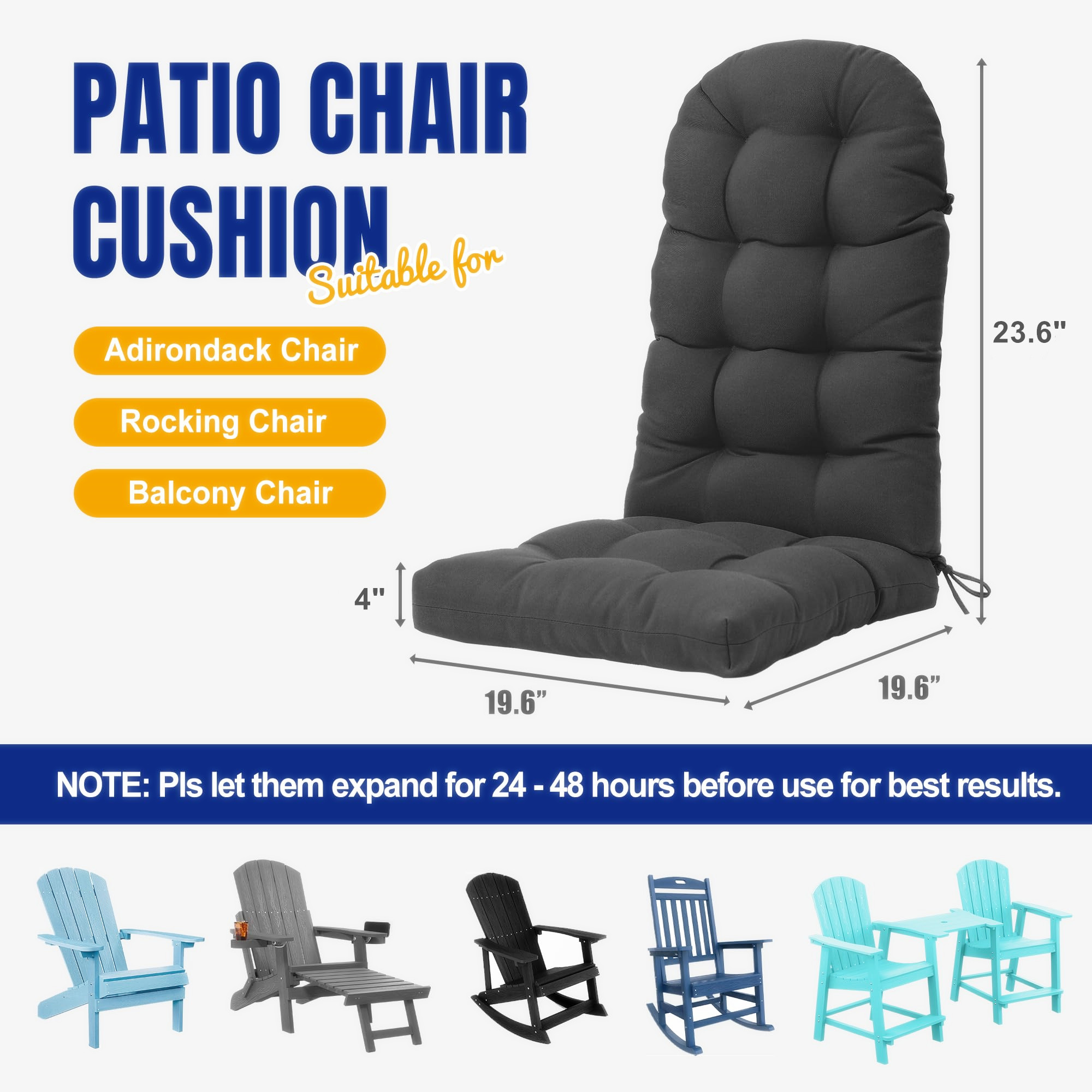 Outdoor Highback Seat Cushion 43.3"*19.7" Waterproof UV Resistant Inlife Rocking Chair Seat Pad for Dining Chairs, Office, Restaurant